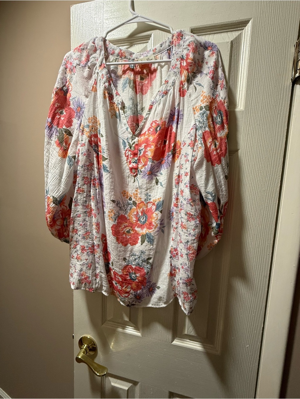 Women’s Floral V-Neck Blouse - White with Coral Floral